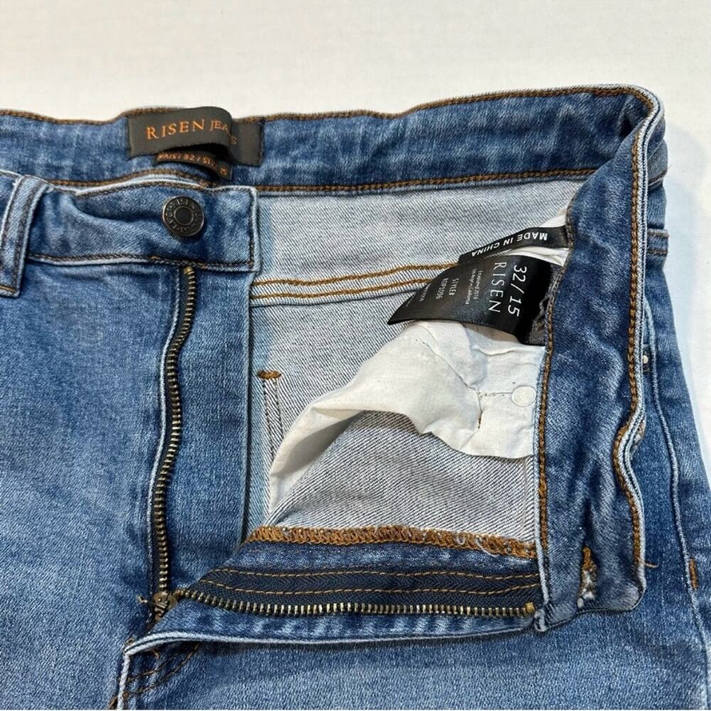 Risen High Rise Straight Ankle Jeans Distressed Medium Wash Raw Hem, Size 32/15 - Picture 5 of 9